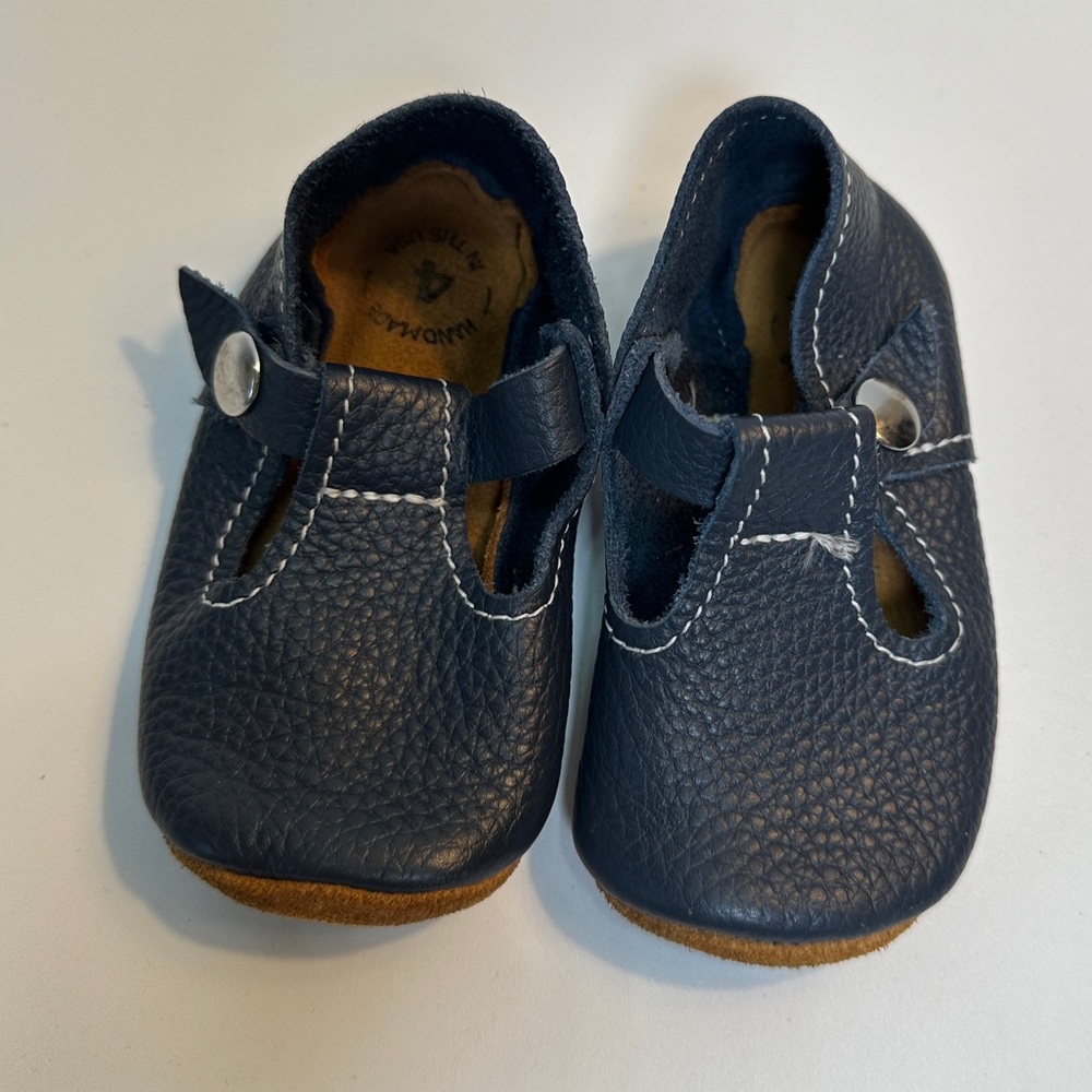Navy Blue Mon Petit Shoes T-Strap Leather Handmade Baby 4 Soft Soled Shoes‎